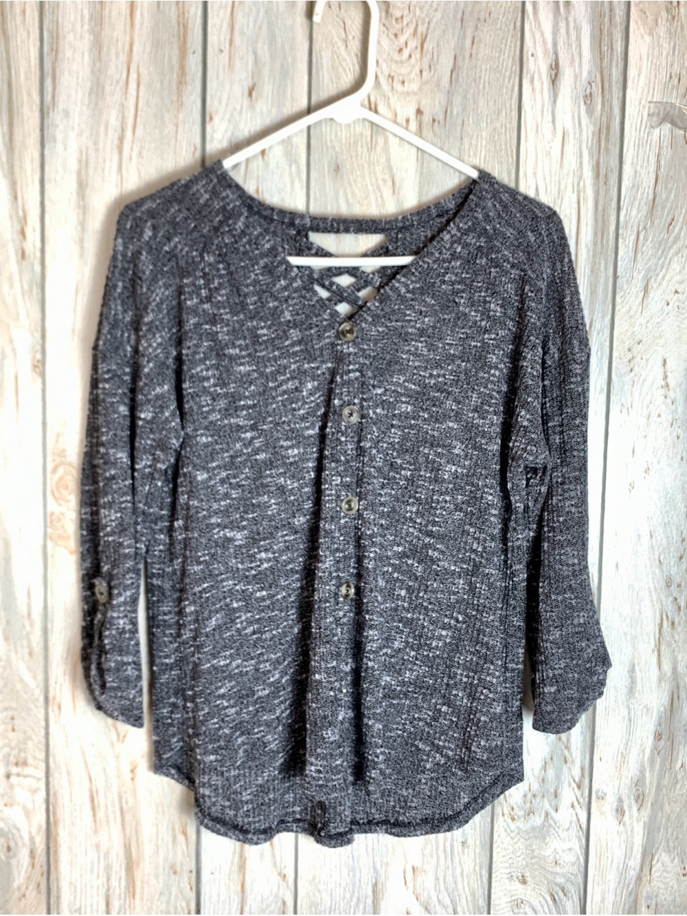 No Boundaries Cardigan Sweater 3/4 Sleeves Button Gray White Black Size L